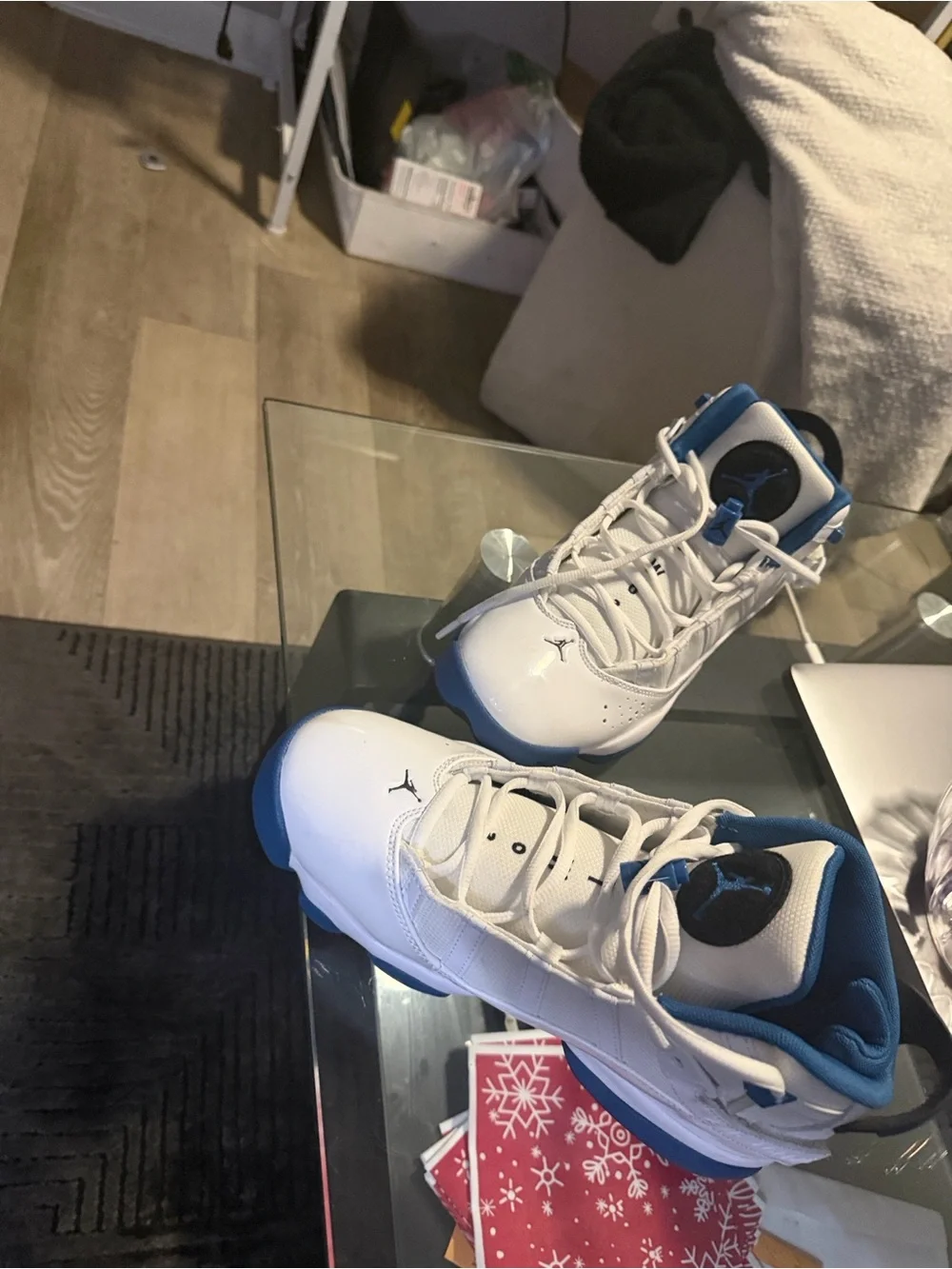Jordan men White and Blue High-Top Basketball Sneakers